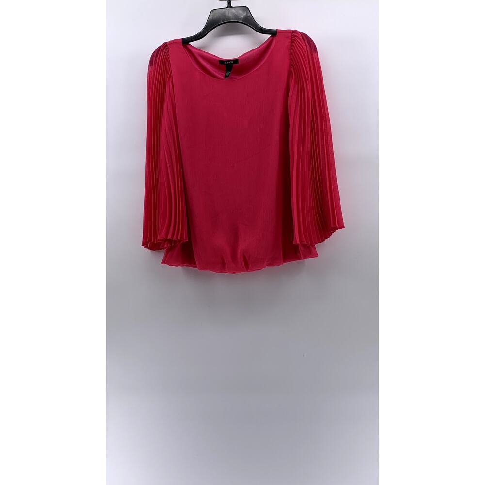 ALFANI Women's Pink Scoop-Neck Pleated Sheer Long Sleeve Bubble-Hem Top SZ 8